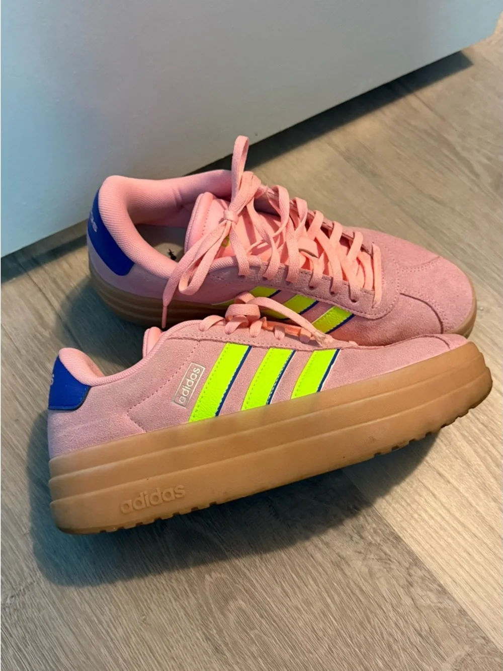 adidas Pink Suede Sneakers with Neon Green Stripe Accents - Picture 2 of 4